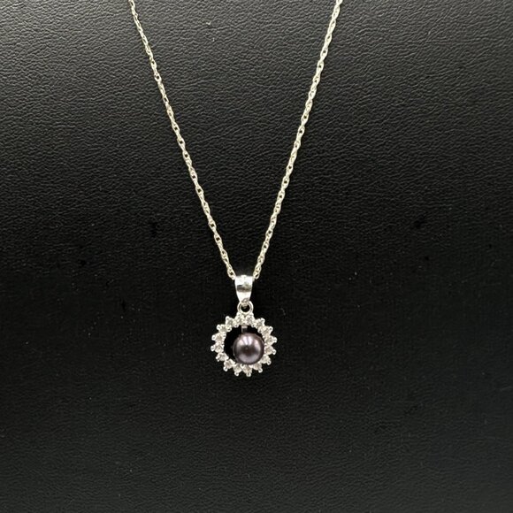 Sterling Silver Necklace Purple Cultured Pearl Pendant CZ Halo Setting 20 Inch - Picture 1 of 9